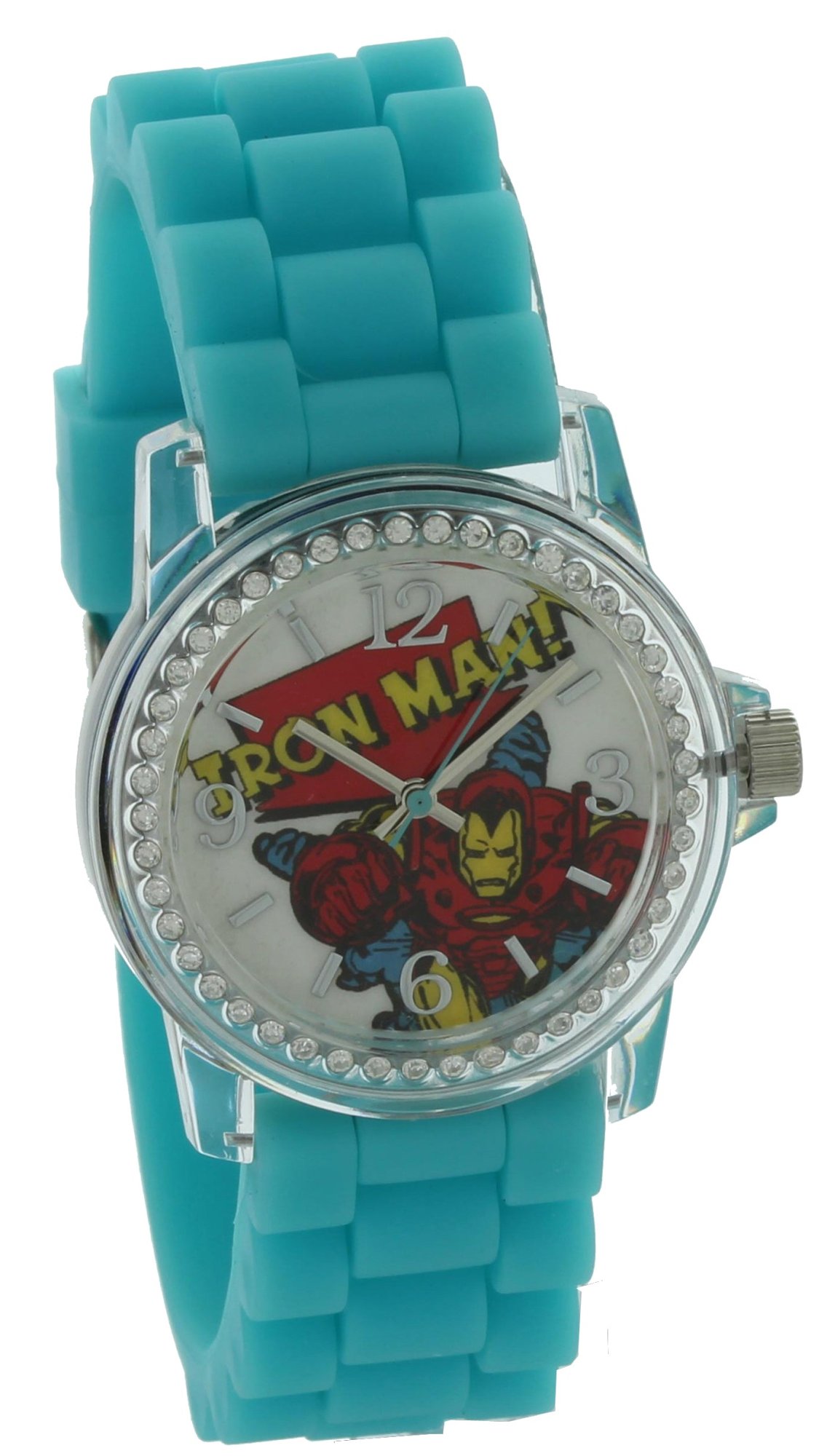 Model: Marvel Comics Avengers Iron Man Watch with Clear Case With Stone and Blue Silicone Band