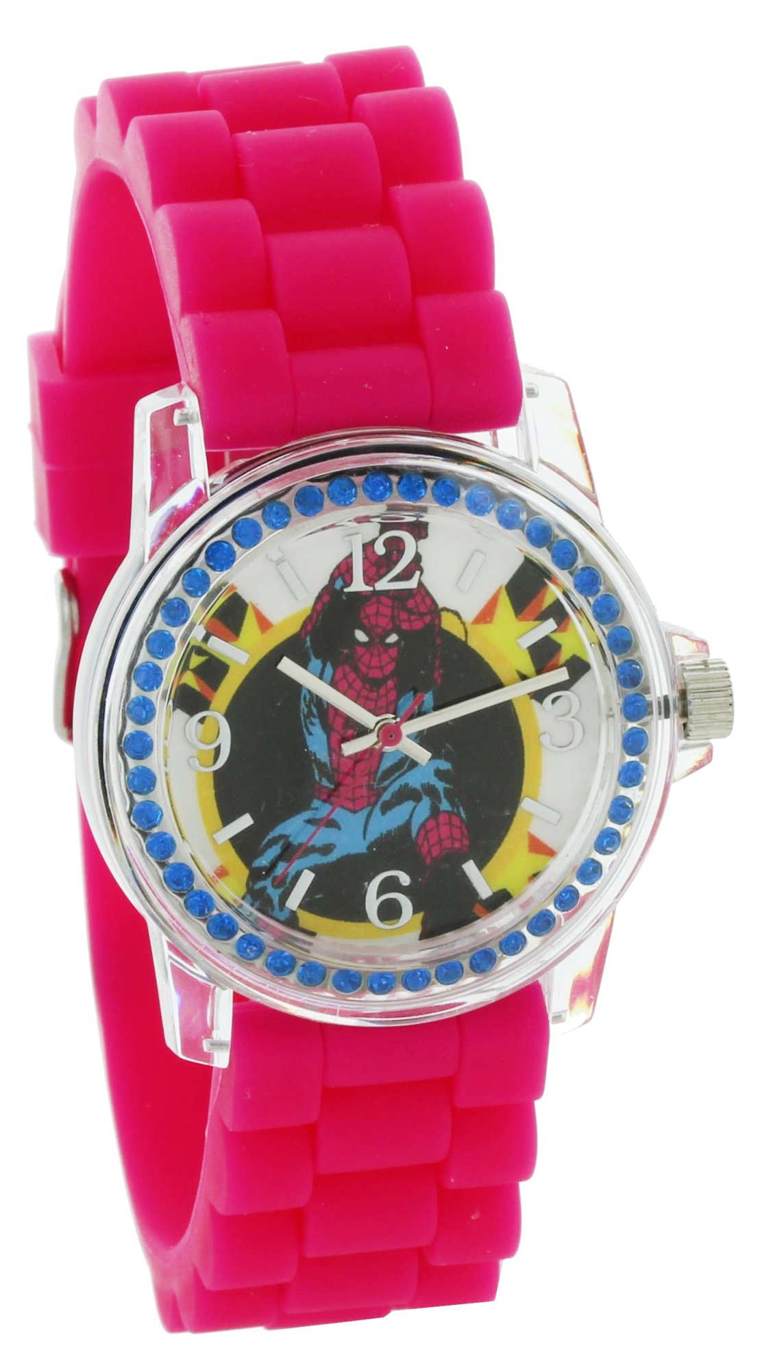 Model: Marvel Comics Avengers Iron Man Watch with Clear Case With Stone and Pink Silicone Band